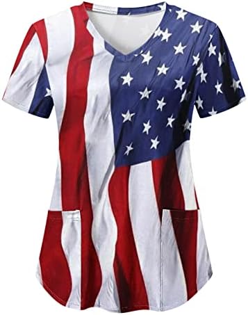 4. jula vrhovi za žene američka zastava ljetna majica s kratkim rukavom V izrezom s bluzama s 2 džepa praznična Ležerna radna odjeća