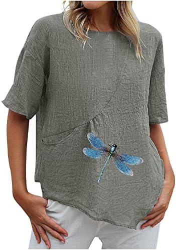 Ljetni vrhovi za žene pamučni laneni kratki rukavi džepni čaj trendi maslačak Print Crewneck Tunic Shirts bluza