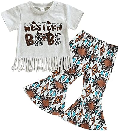 FHUTPW Toddler Kids Baby Girl Outfit Krava Print Majica kratkih rukava TOP + Crtani filrene hlače postavljaju odjeću zapadnih djevojčica