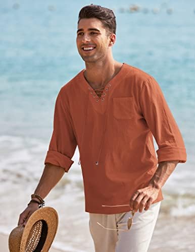 Coofandy muške pamučne majice čipke up casual beach hippie tee majice v vrat