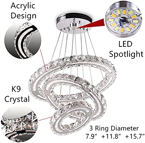 CxGleaming Moderni kristalni lusteri DIY 3 Prstenje zatamnjeva stropna svjetlost LED privjesna svjetiljka za kuhinju blagovaonicu