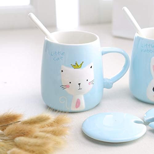 Angelica Home Blue CAT MUG 13 OZ, slatka kitty šalica za kavu sa poklopcem i keramičkim kašikom za ljubitelje mačaka