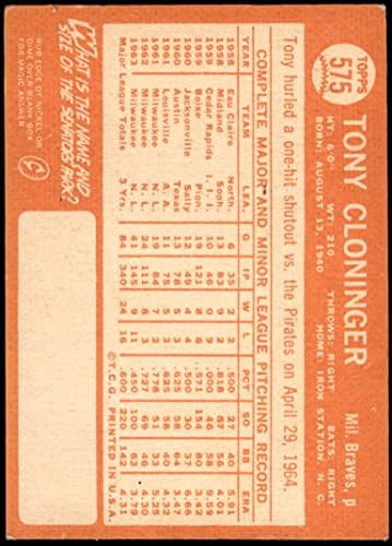 1964 TOPPS 575 Tony Cloninger Milwaukee Braves VG / EX + Hrabre
