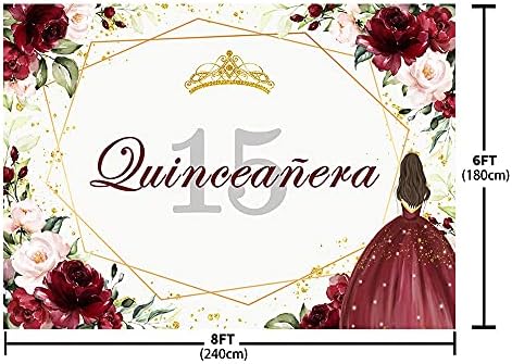 ABLIN 8x6ft sretan 15. rođendan pozadina za djevojku Quinceanera bordo crveno cvijeće pozadina Zlatna princeza Rođendanska zabava