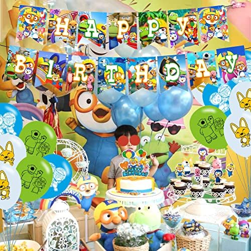 32 kom Pororo The Little Penguin rođendanski ukrasi, zabava za djecu sa 1 srećnim rođendanom Garlandom, 13 Cupcake Toppers, 18 balona