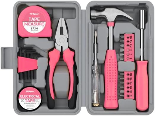 Hi-Spec 24piece Set alata opšti komplet kućnih ručnih alata sa plastičnom kutijom za odlaganje roze za žene-uključuje sve osnovne