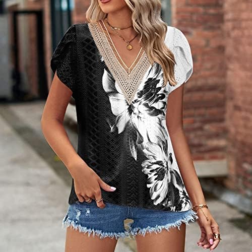 Soesdemo Womens Summer Tops Dressy Cap Rukav Čipkasti V Izrez Šuplji Cvjetni Print Casual Loose Fit T-Shirts Bluza