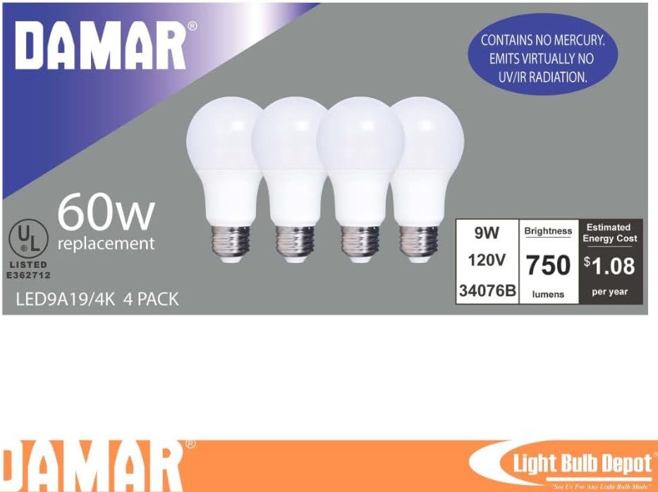 Damar A19 LED sijalica, 9W, 4000k, 750 lumena, E26 baza, ul lista, 4-pakovanje Za dom i ured koje se ne može zatamniti