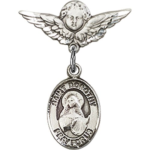 Srebrna značka za bebe sa šarmom St. Dorothy i iglom za značku Angel w/Wings 7/8 X 3/4 inča