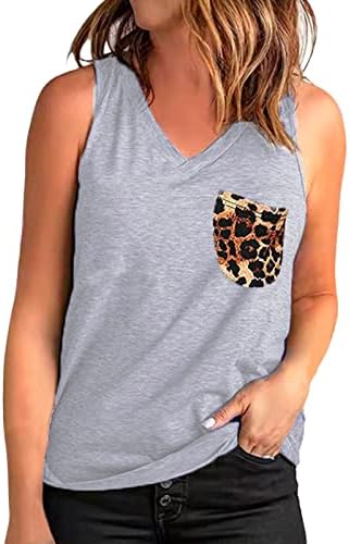 Miashui Bed Top ženske majice sa rezervoarom bez rukava sa Leopardovim printom sa džepnom majicom sa V izrezom Casual Top 2 X Tops