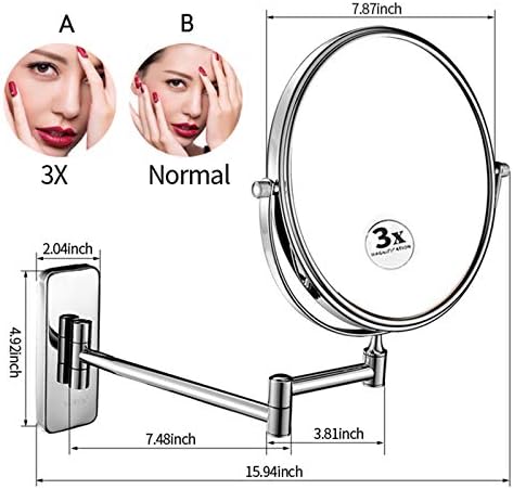Zidno ogledalo za šminkanje, 8-inčno hromirano dvostrano uvećavajuće ogledalo za brijanje, proširivo kupatilo okrugla kozmetička toaletna