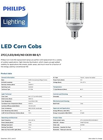 PHILIPS Corn Cob LED 27w = 70W HID HPS Retrofit sijalica 3600 lumen lampa bez zatamnjivanja 4000k balastni Bypass EX39 Mogul 100V/277V 27CC/LED/840/ND - 50 do 70 W Metal Halide zamjena 557066