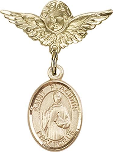 Jewels Obsession Baby bedž sa šarmom St. Placidus i Anđeo sa krilima značka / 14k Zlatna bebina značka sa šarmom St. Placidus i Anđeo