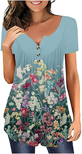 2023 Ženska cvjetna tunika vrhovi kratkih rukava V izrez Ljetne košulje kratki rukav gumbi za majice Flowy Pleats Tee Bluuses