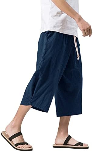 Wenkomg1 muški pamučni posteljina haremske kratke hlače, japanski baggy stil labavi fit trunks nacrtajući fleksibilni struk tele,