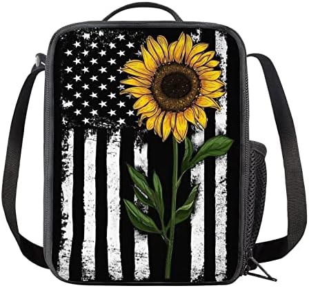POLERO američka zastava suncokretova torba za ručak sa bočnim džepom Sunflower na američkoj zastavi izolovana Lunchcase za žene djecu