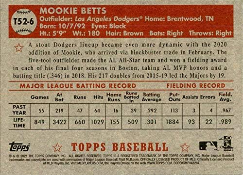 Baseball MLB 2021 TOPPS 1952 TOPPS Redux T52-6 Mookie Betts NM-MT Dodgers