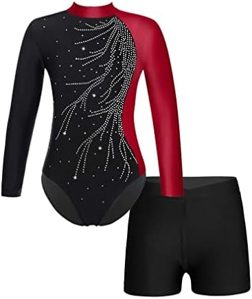 Feeshow Girls 2pcs Glitter Dugi rukav Leotardi s kratkim hlačama Atletska ploča Gimnastika Dancewear