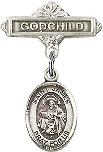 Jewels Obsession Baby Badge with St. James the Greater Charm and Godchild Badge Pin | Sterling Silver Baby Badge with St. James the