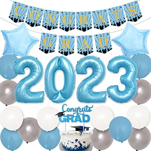 Diplomiranje dekoracije 2023 svijetlo plava-Čestitam Grad Banner & torta Topper, Broj 2023 balon, svijetloplavi srebrni bijeli Baloni