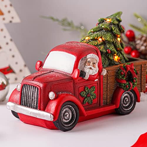 Volgar Božićni kamion i dekoracija i santa ukras statua sa LED svjetlom, vintage crvene automobile figurice poklona sa Santa i LED svjetlosnom božićnom drvvom, božićnim ukrasima za dom i ured, 7''