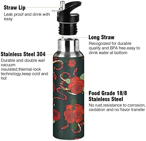 Glahy Crvene zmije i ruža cvijeća Boca vode sa slamkom poklopca, BPA, 20 oz vode za vodu izolirani nehrđajući čelik, za školu, ured,