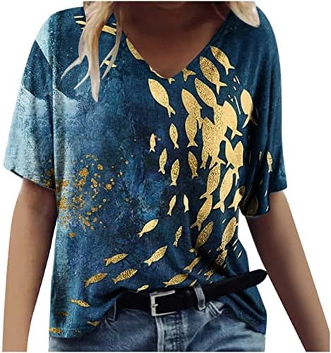 pbnbp ženske ljetne široke majice novitet kratki rukav leptir tunike vrhovi štampani V vrat svakodnevno nošenje modni majice Blusas