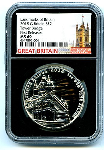 2018 Velika Britanija 1 oz Silver Znamenitosti iz Britanije Tower Bridge Prvi izdanja S2PD MS69 NGC