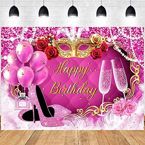 7x5ft Pink Happy Birthday Backdrop za žene maska sa visokom potpeticom plesne cipele Backdrop Girls Birthday Party 30th 50th 60th
