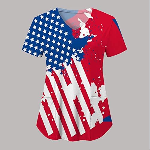 Bluza 4. jula za žene Američka zastava Ljetni kratki rukav V-izrez V-izrez vrh sa 2 džepa Smiješna za odmor casual radna odjeća
