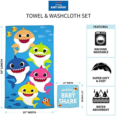 Franco Baby Shark Dječija kupka / bazen/Plaža mekani upijajući pamučni frotirni ručnik sa krpom od 2 komada, 50 in x 25 in