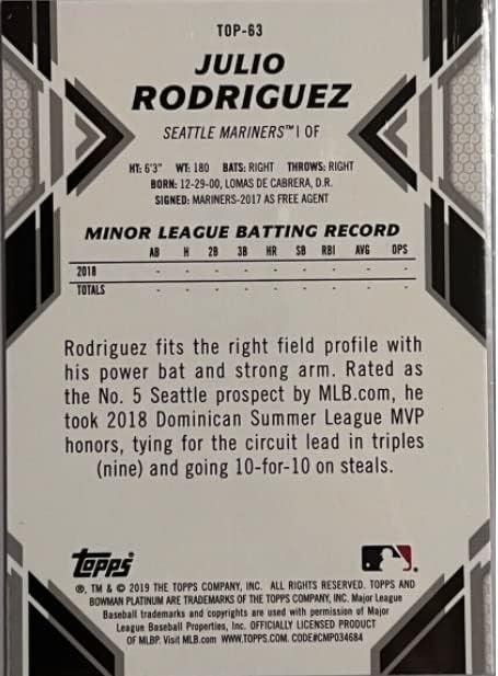 2019 Bowman Platinum Top izgledi - Julio Rodriguez - Seattle Mariners Baseball Rookie Card RC TOP-63
