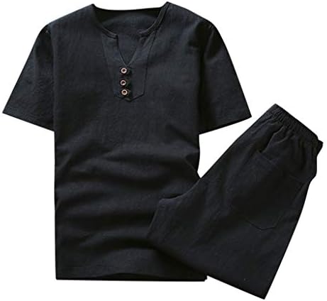 Zhishiliuman muške dvodijelne odjeće casual gumb niz posteljina majica Plaža Kratke hlače za muškarce Solidna boja labava odijela
