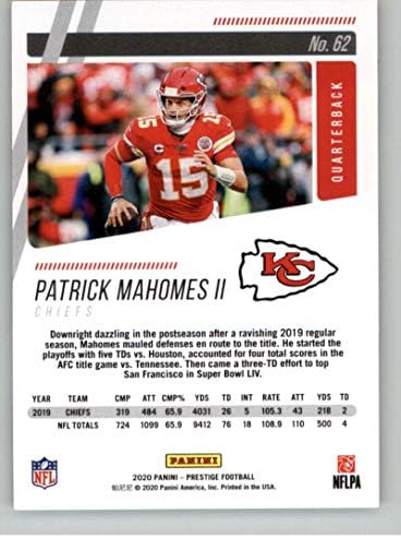 2020 Panini Prestige 62 Patrick Mahomes II Kansas City Chiefs Football Card