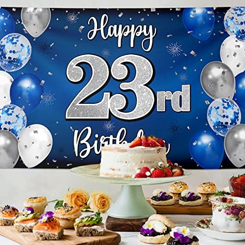 Nelbirth Sretni ukrasi od 23. rođendana, 23. plavi i srebrni balon Veliki rođendan Banner Banner Backdrop, 23. bday Party isporuke.